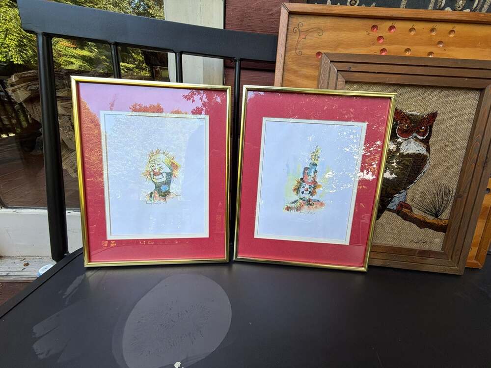 Set of 2 Vintage Framed Clown Watercolor possibly prints, signed